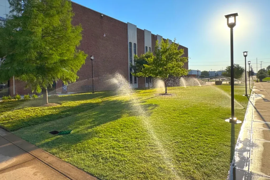 Sprinklers watering the lawn at Christian Heritage Academy